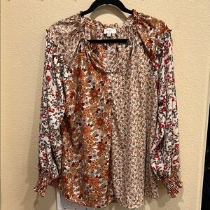 Umgee Brown Ruffled Smocked Blouse with Peter Pan Collar